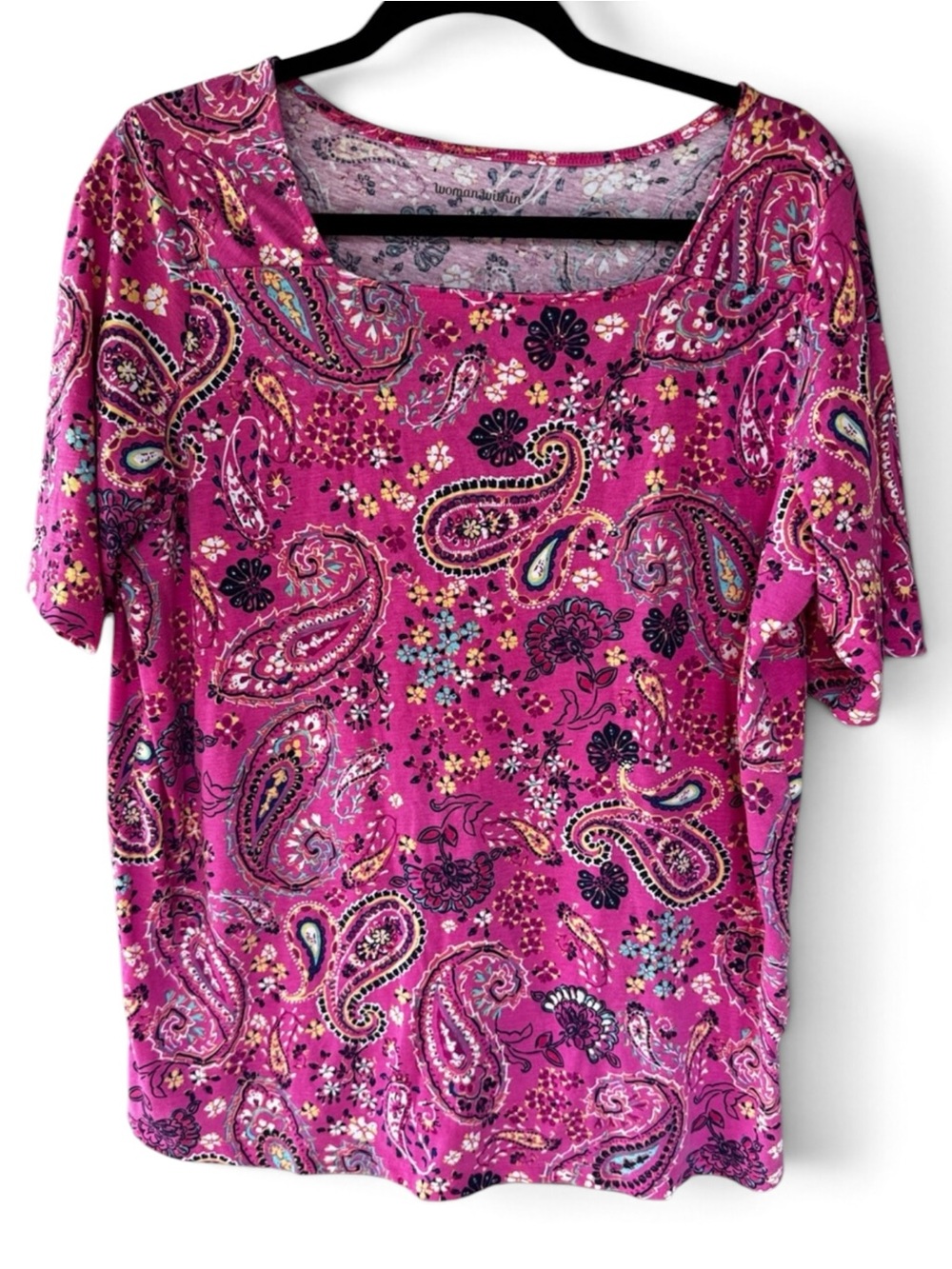 Woman Within Top Women M 14-16 Pink Paisley Floral Boho Square Neck Short Sleeve